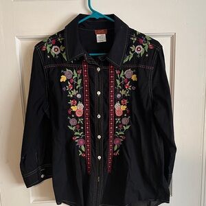 Scully Black Embroidered Button Down Shirt, 3/4 sleeves, size L
